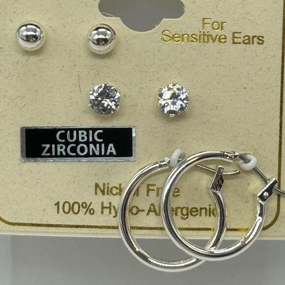 Ear Sense Set of 3 Silver 1 Hoop and 2 Stud Earrings - Picture 2 of 3